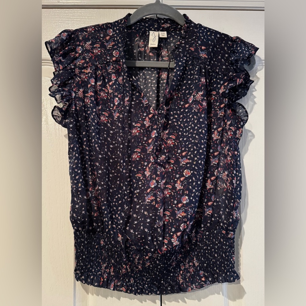 Joie Navy Floral Ruffle Tie Neck Blouse - Picture 2 of 5